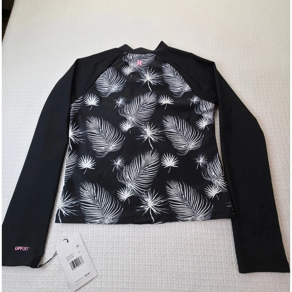 Hurley Rash Guard Girls Size 12 Black Sail New Tropical Long Sleeve UPF 50+ Top